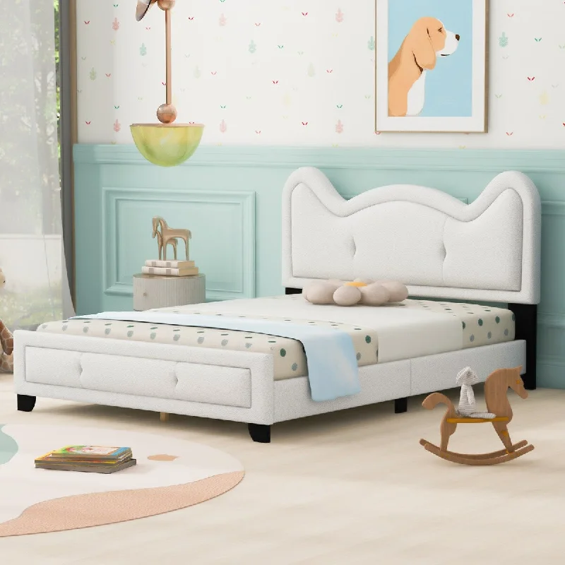 Best mattresses for stomach sleep-White Full Size Kids Daybed Upholstered Bed with Carton Ears Shaped Headboard, Wooden Cute Platform Frame, Faux Leather Sofa Bed