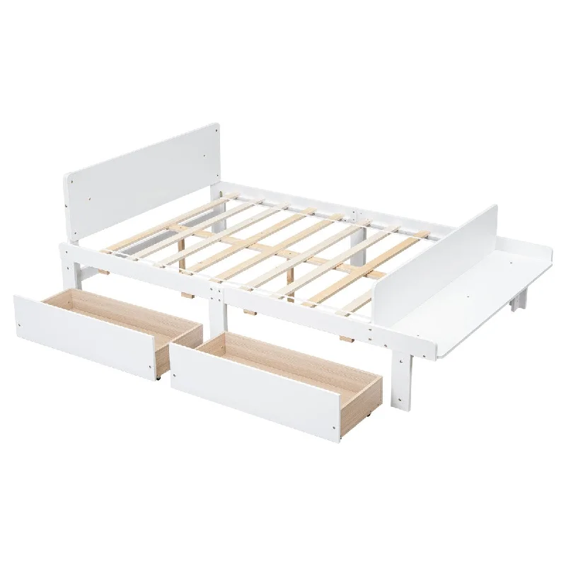 Cheap bedspread sets-White Full Size Wood Platform Bed Frames for Kids w/ 2 Storage Drawers