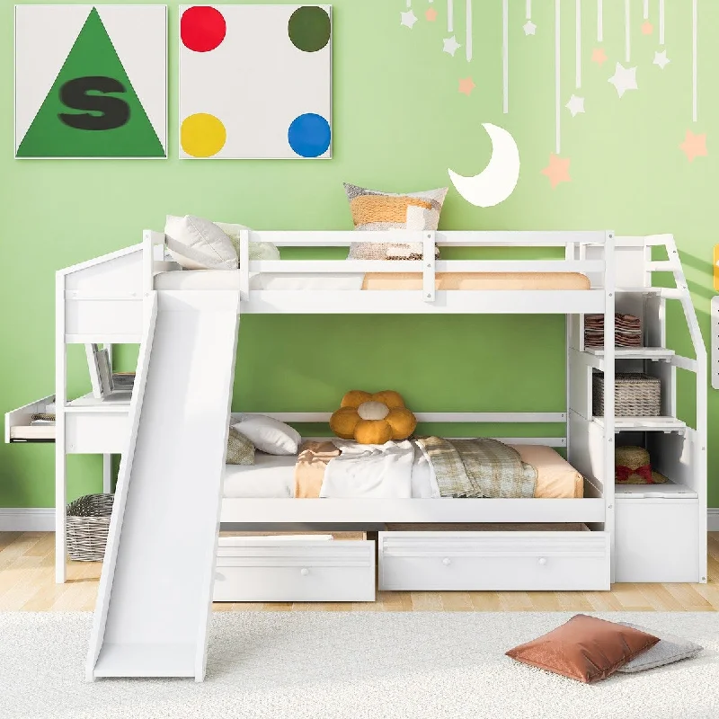 DIY bed frame storage-White Twin Over Twin Storage Staircase Bunk Bed with Slide and Desk