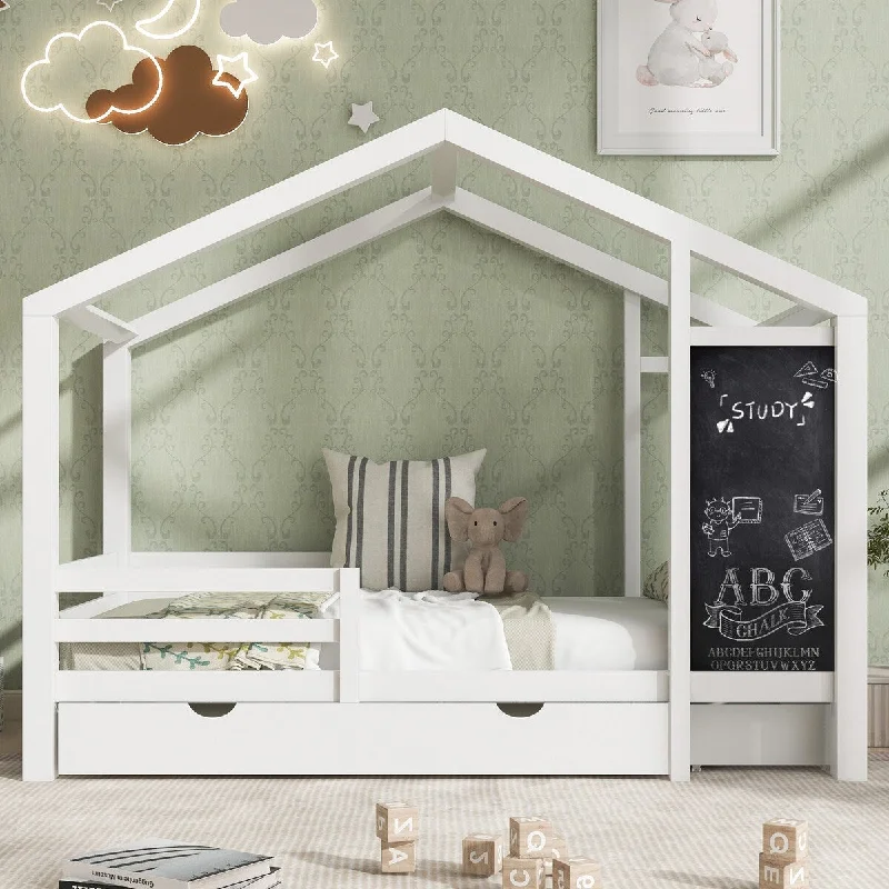 Bedroom lighting design tips-White Versatile Twin Size Wooden House Bed for Kids w/ Drawers Storage and Blackboard,Two assembly options, No Box Spring Needed