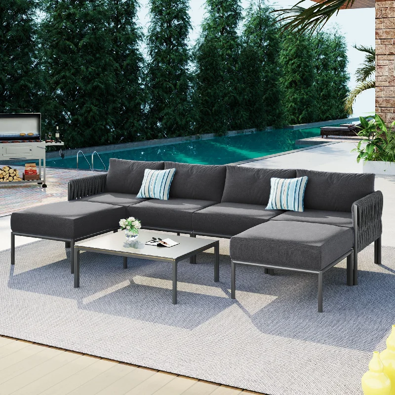 Sofa with flared seat-6 Pieces Aluminum Patio Furniture Set, Modern Metal Outdoor Conversation Set Sectional Sofa With Removable Olefin Extra Thick Cushions Cushion - Gray