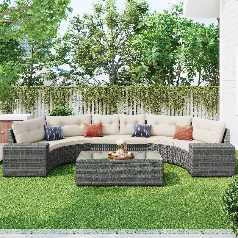 Sofa quick-style upholstery-8 Pieces Outdoor Wicker Round Sofa Set, Half-Moon Sectional Sets All Weather, Curved Sofa Set With Rectangular Coffee Table, PE Rattan Water-Resistant And UV Protected, Movable Cushion