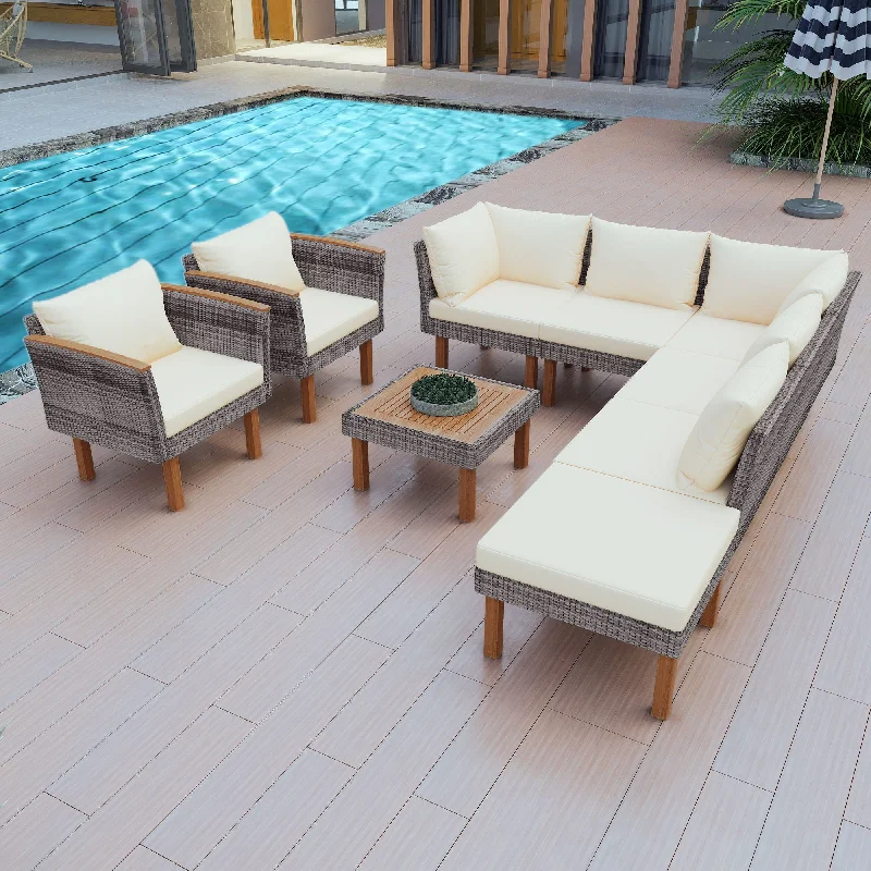 Sofa comfy plush backrest-9 Piece Patio Rattan Furniture Set, Outdoor Conversation Set With Acacia Wood Legs And Tabletop, PE Rattan Sectional Sofa Set With Coffee Table, Washable Cushion