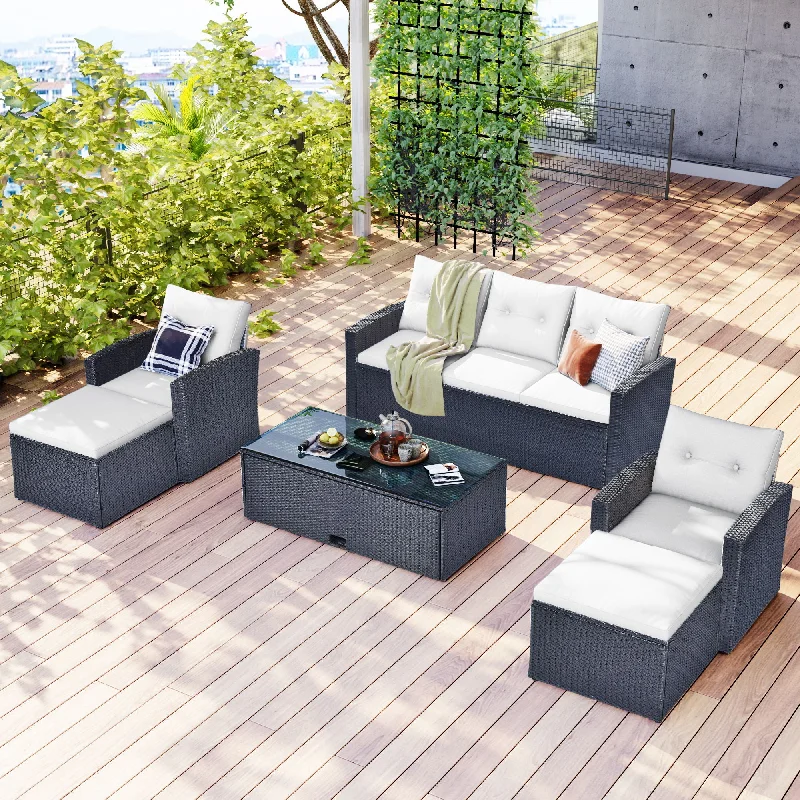 Sofa open industrial layout-All-Weather Wicker PE Rattan Patio Outdoor Dining Conversation Sectional Set With Coffee Table, Wicker Sofas, Ottomans, Removable Cushions