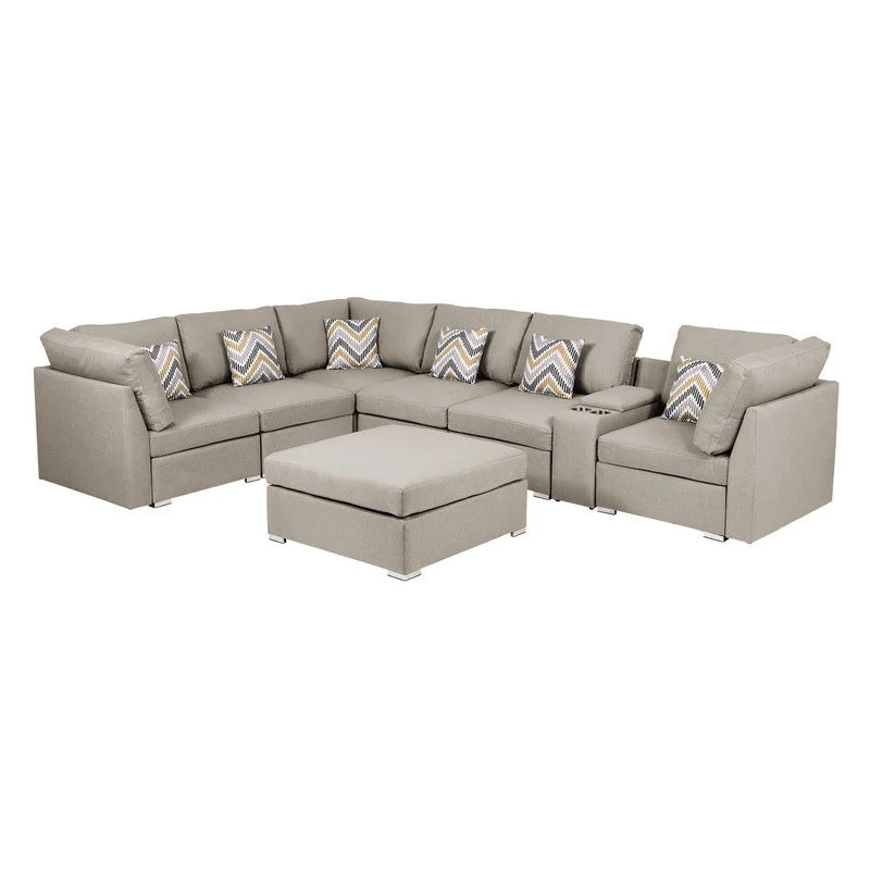 Sofa textured burlap fabric-Amira - Fabric Reversible Modular Sectional Sofa With USB Console And Ottoman