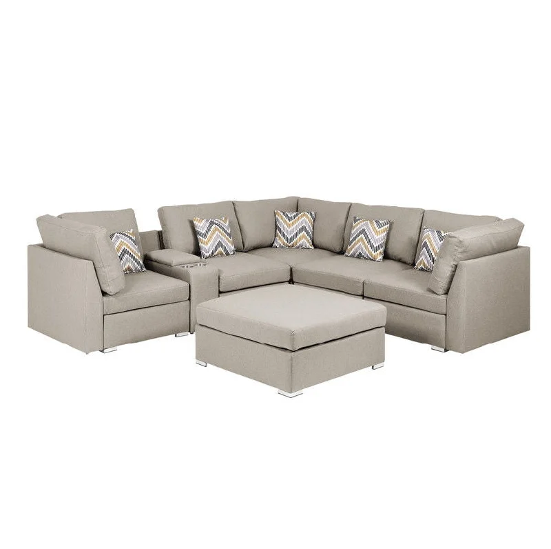 Sofa cozy wool cushions-Amira - Fabric Reversible Sectional Sofa With USB Console And Ottoman