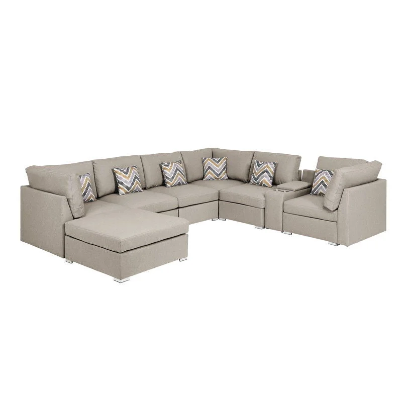 Sofa plush suede cover-Amira - Reversible Modular Sectional Sofa With USB Console And Ottoman