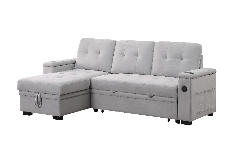 Sofa airy coastal layout-Ashlyn II - 84"W Woven Fabric Reversible Sleeper Sectional Sofa with Storage Chaise