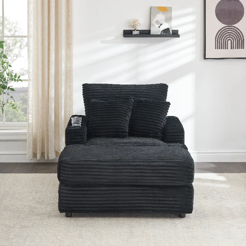 Sofa with sloped arms-Black 39.37" Corduroy Single Armchair Sofa with Ottoman, Cup Holder