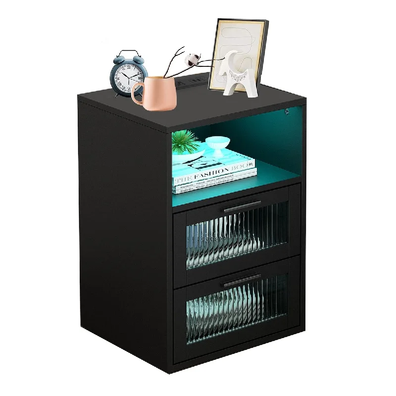 Sofa sleek pashmina upholstery-Black Nightstand with Charging Station and LED Lights, Modern End Side Table with 2 Glass Drawer, LED Nightstand Sofa Table