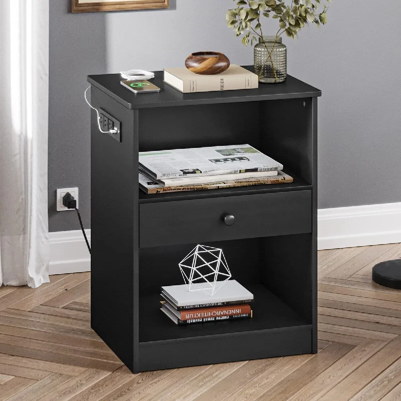 Sofa with cushioned headrest-Black Nightstand with Charging Station, Modern End Side Table with 1 Drawer & Open Storage, Wooden Cabinet Stand by Sofa,