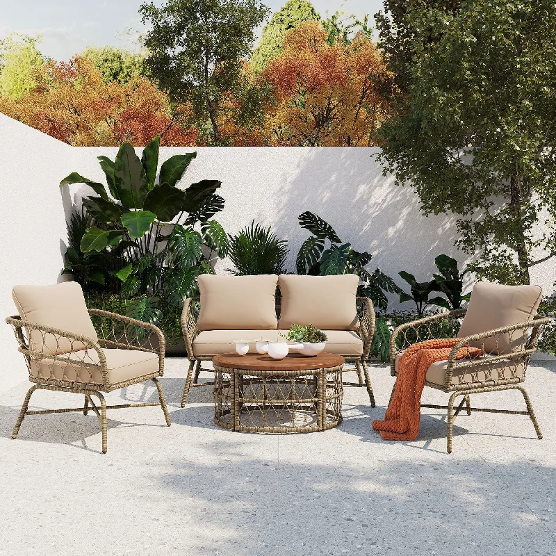 Sofa sleek llama upholstery-Bohemia-Inspired 4 Person Outdoor Seating Group With Removable Cushions, Conversation Patio Set With Wood Tabletop - Beige