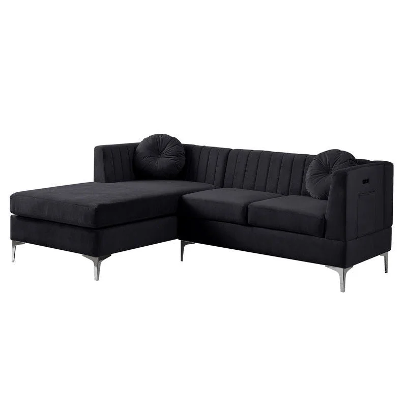 Sofa with adjustable headrest-Chloe - Velvet Sectional Sofa Chaise With USB Charging Port