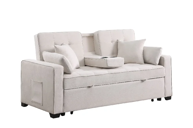 Sofa chic minimalist vibe-Cody II - 69.5"W Woven Fabric Convertible Sleeper Loveseat with Cup Holder