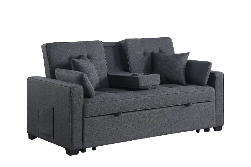 Sofa bold quatrefoil print-Cody II - Convertible Sleeper Loveseat With Cup Holder, Charging Ports and Pocket - Dark Gray