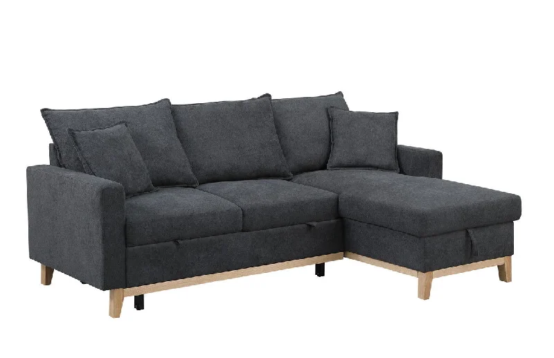 Sofa neutral coir finish-Colton - Woven Reversible Sleeper Sectional Sofa With Storage Chaise - Dark Gray