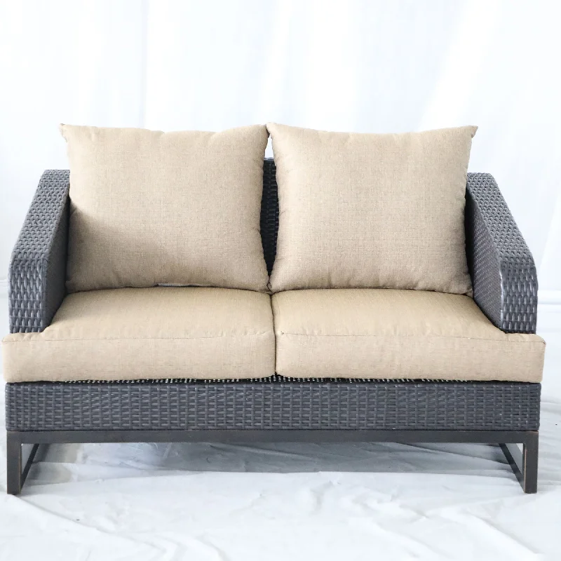 Sofa muted aqua upholstery-Comal - Outdoor Furniture, Wicker Loveseat With Cushions - Beige / Chocolate