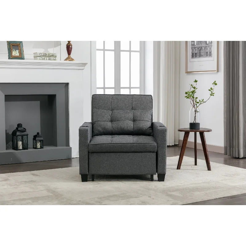 Sofa for relaxed evenings-Dark Grey 68.12" Linen Pull-Out Sofa with USB Ports, Wear-Resistant