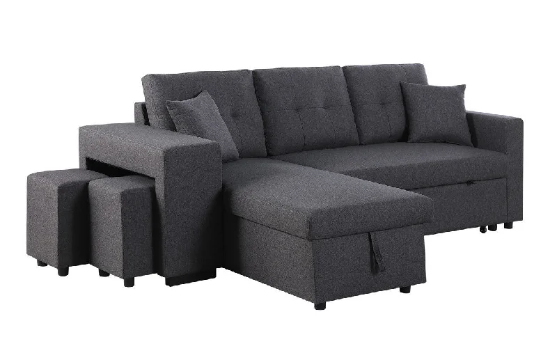 Sofa quick-change fabric-Dennis - Linen Fabric Reversible Sleeper Sectional With Storage Chaise And 2 Stools