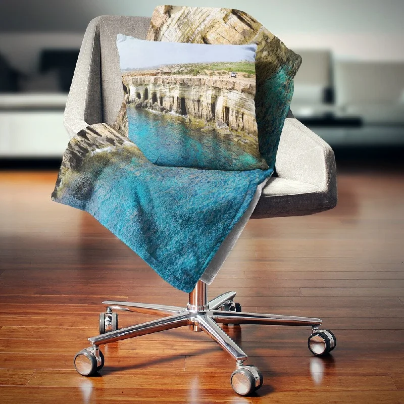 geometric patterned throw blanket-Designart 'Sea Caves near Cape Greko Panorama' Modern Seascape Throw Blanket