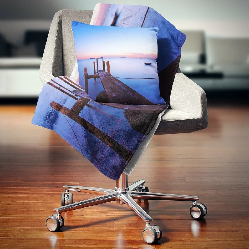 cozy movie night throw blanket-Designart 'Wooden Pier at Sunset' Seascape Photography Throw Blanket