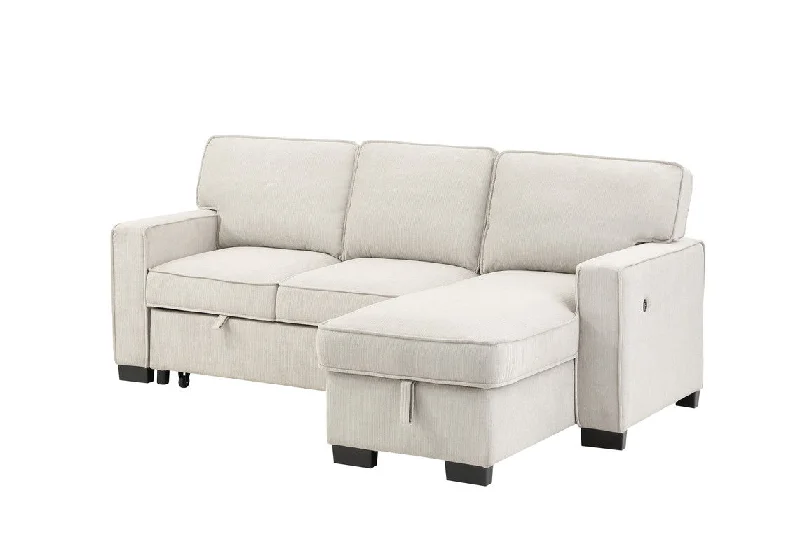 Sofa neutral burlap finish-Estelle - Fabric Reversible Sleeper Sectional With Storage Chaise Drop-Down Table 2 Cup Holders And 2 USB Ports