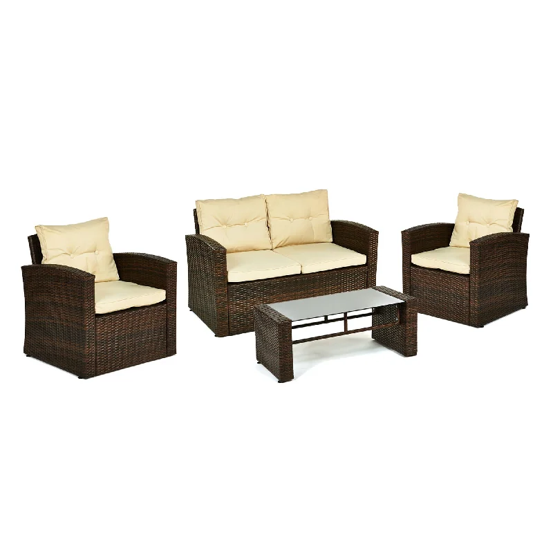 Sofa stylish transitional vibe-Four Piece Outdoor Wicker Sofa Seating Group With Beige Cushions - Brown