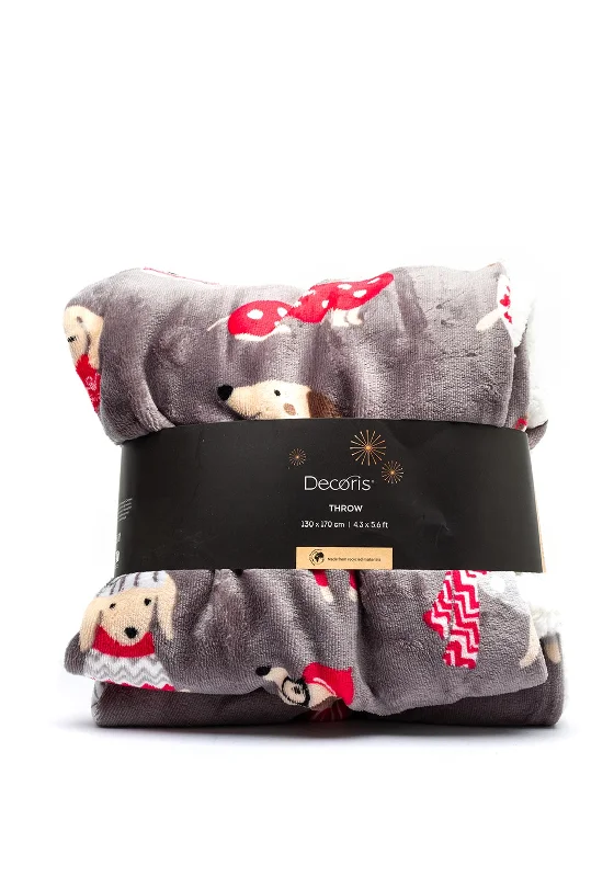 cuddly warm throw blanket-Kaemingk Christmas Sausage Dog Fleece Throw, Grey