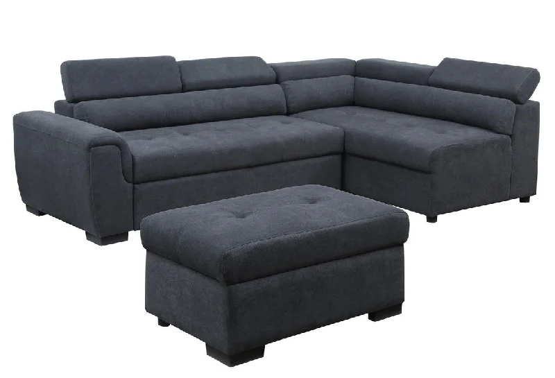 Sofa cozy hemp cushions-Haris - Fabric Sleeper Sofa Sectional With Adjustable Headrest And Storage Ottoman - Dark Gray