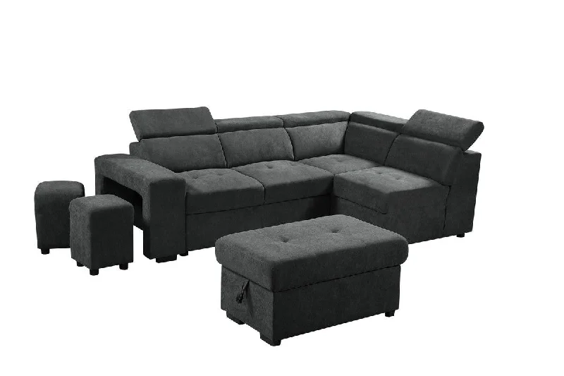 Sofa plush percale fabric-Henrik - Sleeper Sectional Sofa With Storage Ottoman And 2 Stools