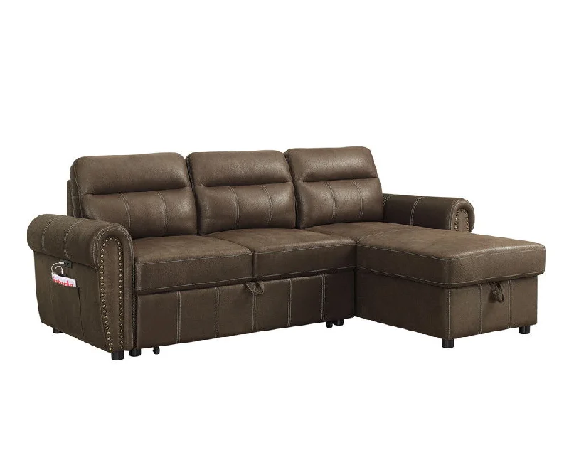 Sofa stylish urban design-Hugo - Reversible Sleeper Sectional Sofa Chaise With USB Charger - Brown