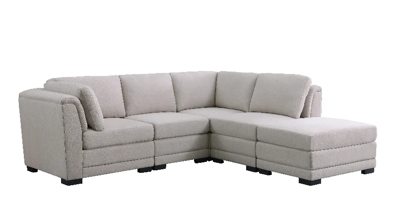 Sofa plush calico fabric-Kristin - Linen Reversible Sectional Sofa With Ottoman - Light Gray