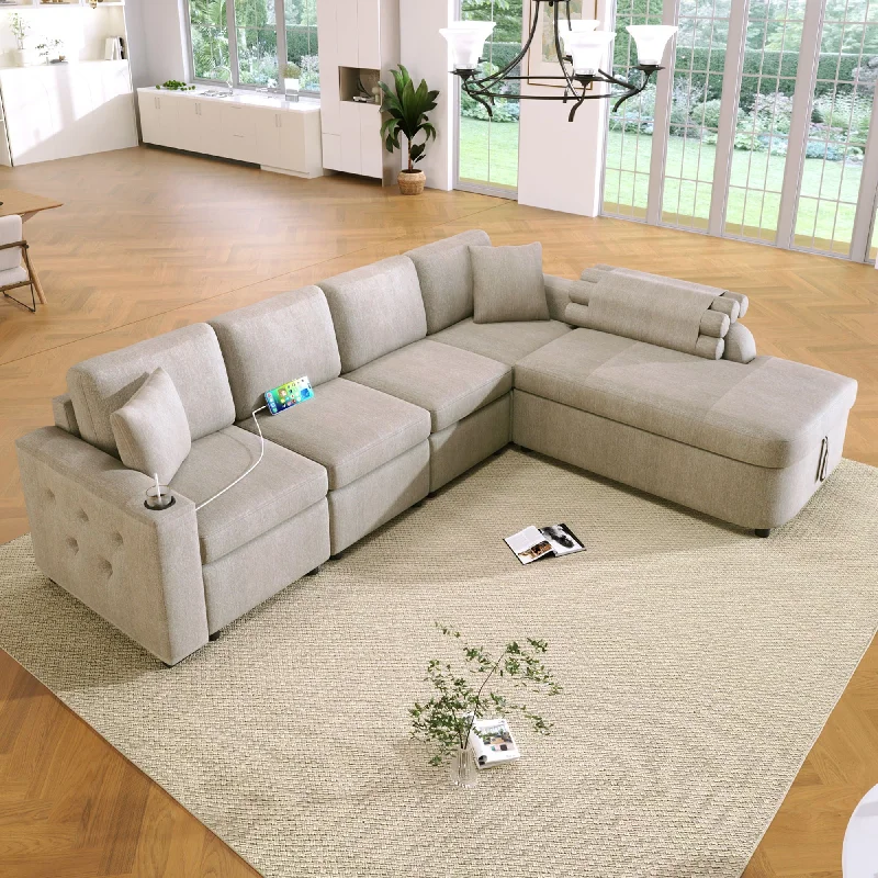 Sofa bold jacquard patterns-L-Shaped Couch Sectional Sofa With Storage Chaise, Cup Holder And USB Ports For Living Room