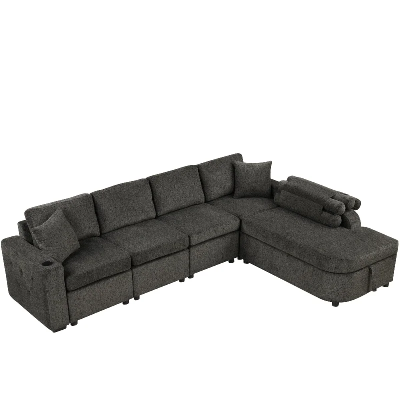 Sofa compact storage design-L-Shaped Sectional Sofa with Storage Chaise, USB Charging Ports, and Cup Holder - 4-Seat Chenille Fabric Couch