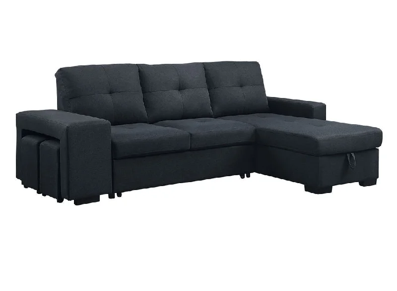 Sofa with flip-down table-Lucas - Linen Sleeper Sectional Sofa With Reversible Storage Chaise - Dark Gray