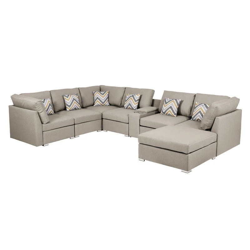 Sofa with angled arms-Lucy - Fabric Reversible Modular Sectional Sofa With USB Console And Ottoman - Beige