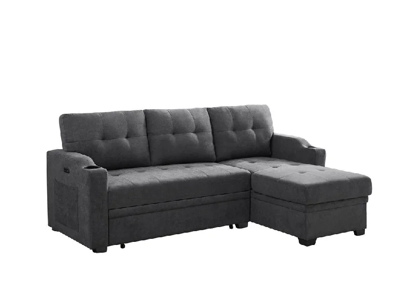 Sofa bold floral motifs-Mabel - Woven Fabric Sleeper Sectional With Cupholder, USB Charging Port nd Pocket - Dark Gray