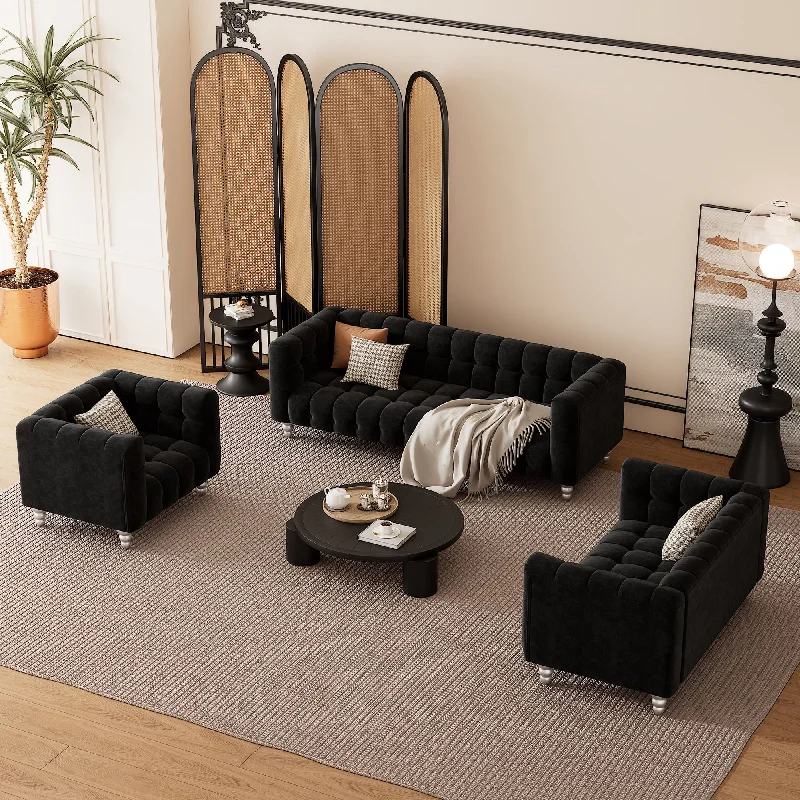 Sofa stylish coastal vibe-Modern 3 Piece Sofa Set With Solid Wood Legs, Buttoned Tufted Backrest, Dutch Fleece Upholstered Sofa Set Including Three Seater Sofa, Double Seat And Living Room Furniture Set Single Chair