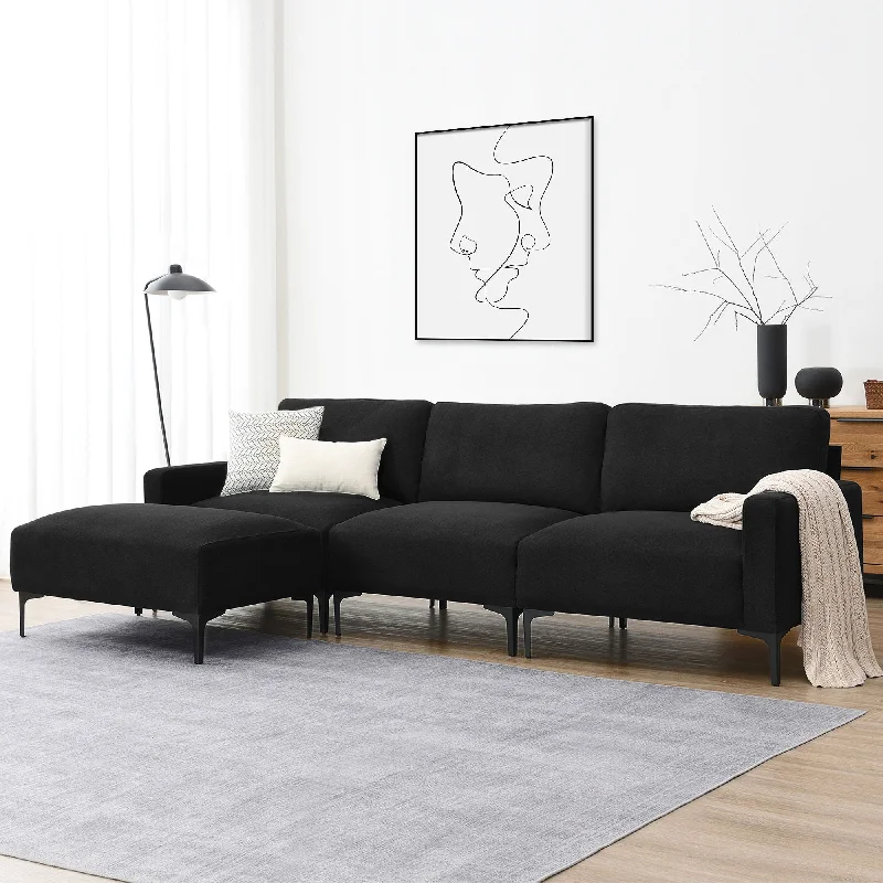 Sofa with sculpted cushions-Modern L-Shaped Sectional Sofa, 4-Seat Velvet Fabric Couch Set With Convertible Ottoman, Freely Combinable Sofa For Living Room, Apartment, Office, Apartment