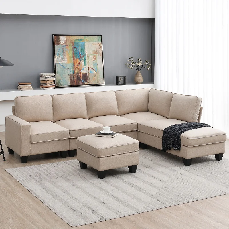 Sofa compact lounge design-Modern L-Shaped Sectional Sofa, 7-Seat Linen Fabric Couch Set With Chaise Lounge And Convertible Ottoman For Living Room, Apartment, Office