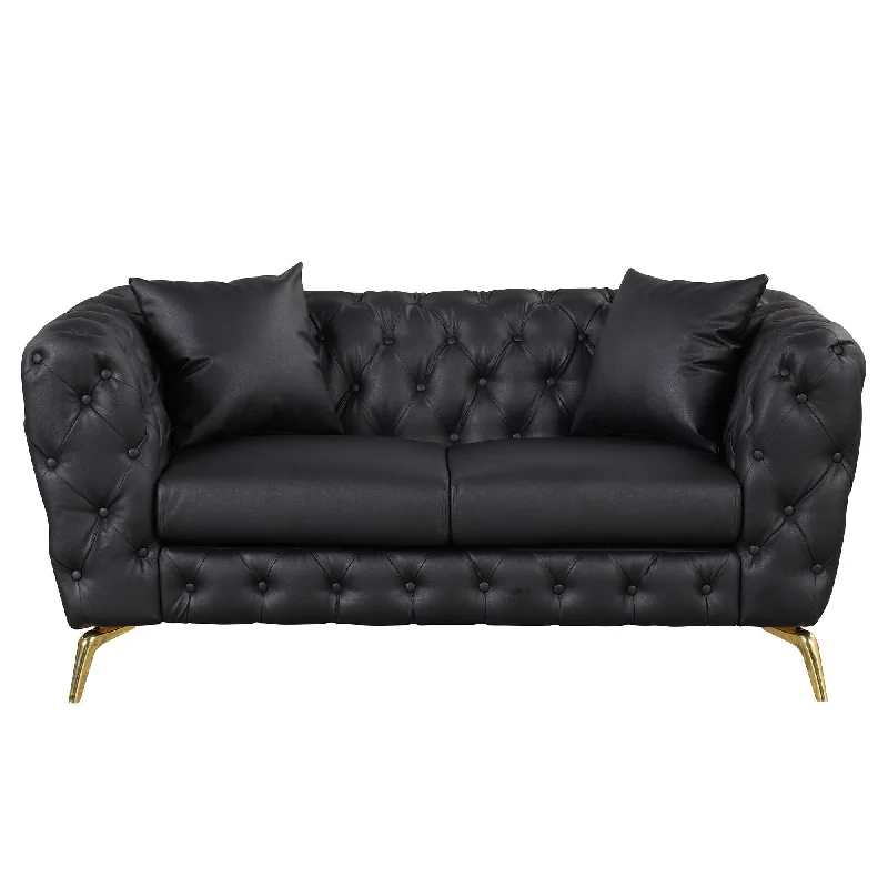 Sofa for casual comfort-Modern Sofa Couch PU Upholstered Loveseat Sofa With Sturdy Metal Legs, Button Tufted Back For Living Room, Apartment, Home Office - Black