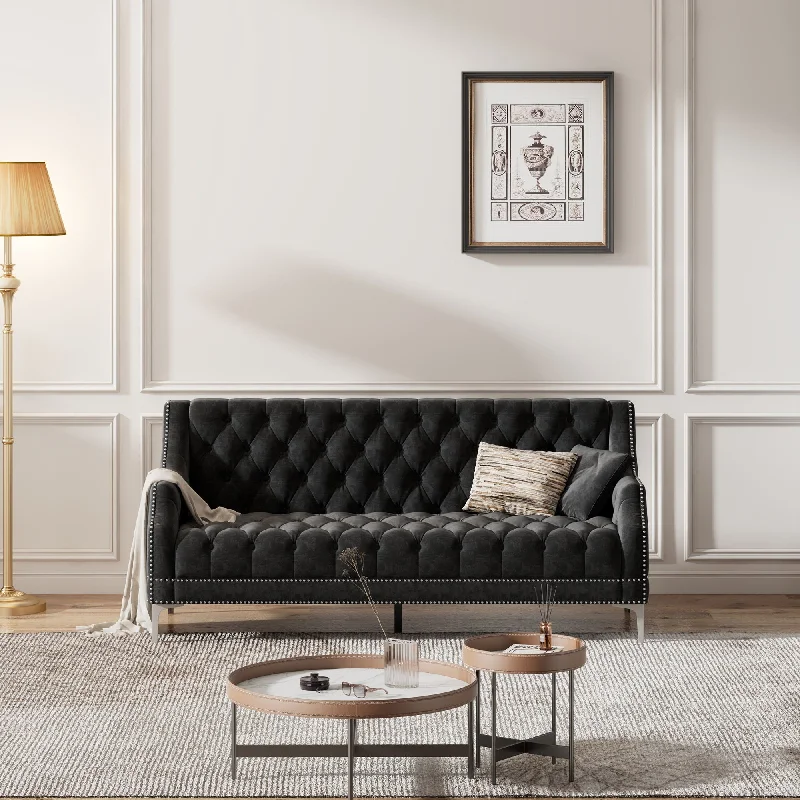 Sofa deep slate shades-Modern Sofa Dutch Plush Upholstered Sofa With Metal Legs, Button Tufted Back