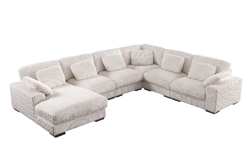 Sofa with reclining cushions-Nadine - Beige Corduroy Corner Sectional Sofa With Left - Facing Chaise