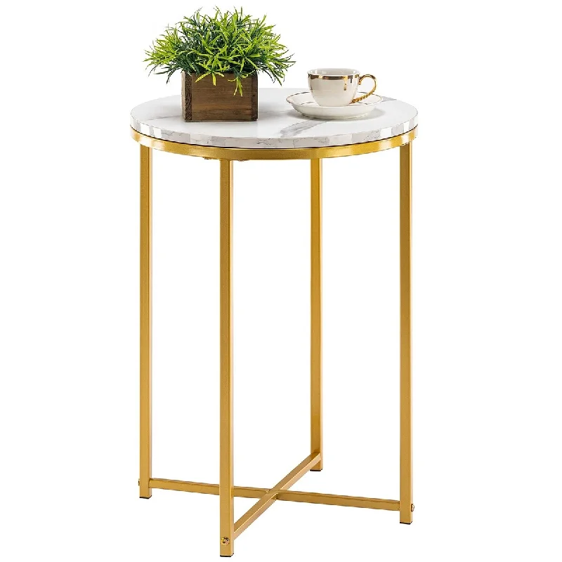 Sofa with rounded edges-Round End Table, Faux Marble Sofa Table, Accent Side Table with Metal Frame, Modern Gold Nightstand, Tall Coffee Table