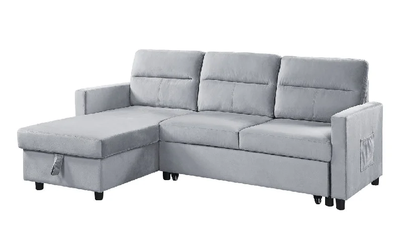 Sofa sleek wool upholstery-Ruby - Velvet Reversible Sleeper Sectional Sofa With Storage Chaise And Side Pocket - Light Gray