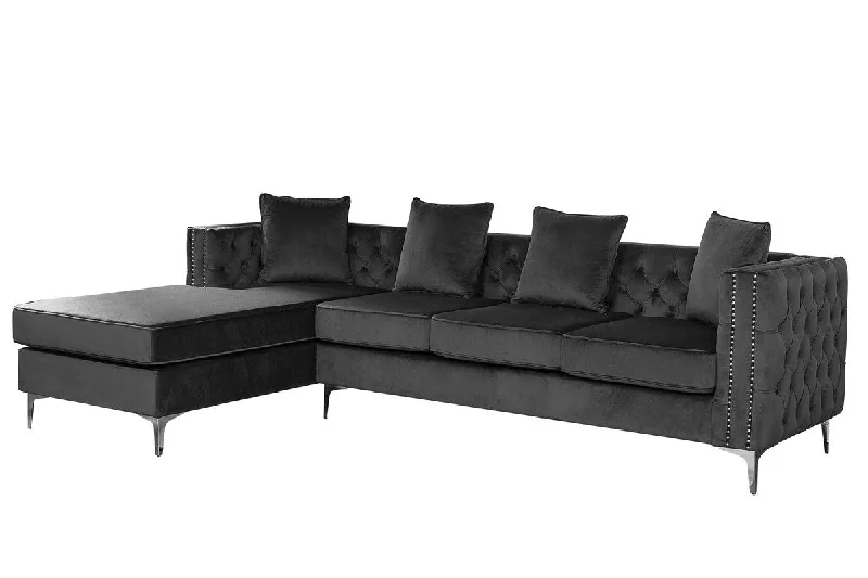 Sofa cozy linen cushions-Ryan - Velvet Reversible Sectional Sofa Chaise With Nail-Head Trim