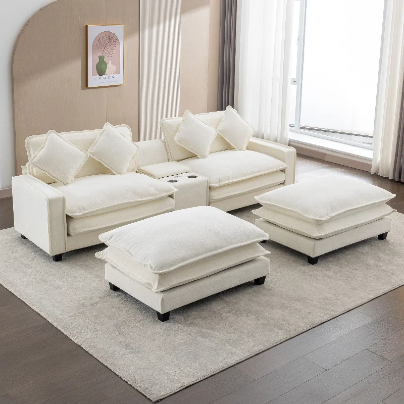 Sofa portable cushioned sofa-Sectional Sofa Chenille Upholstered Sofa With Two Removable Ottoman, Two USB Ports, Two Cup Holders And Large Storage Box For Living Room