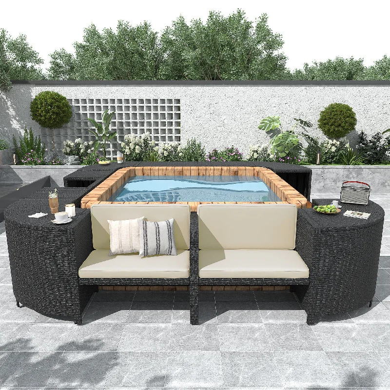 Sofa sleek yak fabric-Spa Surround Spa Frame Quadrilateral Outdoor Rattan Sectional Sofa Set With Mini Sofa, Wooden Seats And Storage Spaces